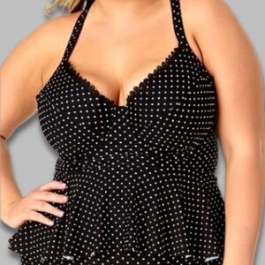 Allure Cross-Back Peplum Tankini Top Polka Dot Black/White Women’s US 1X/16/18